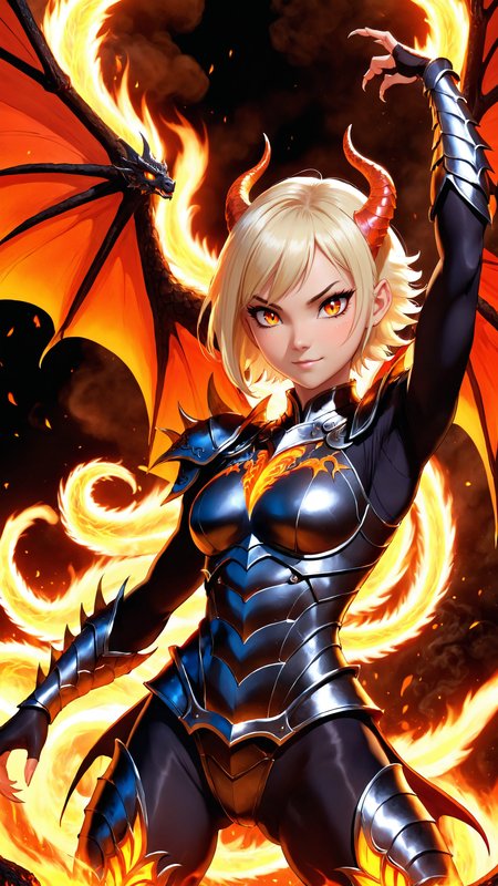 anime screencap, lava dragon girl, playful expression, in mid-air with arms outstretched, lava wings flapping, volcanic eruption behind her, lava streams, glowing cheerful eyes, detailed scales, smoke and lava particles, hyper-detailed, extremely complex, vivid colors, anime-style lighting, cinematic composition, front view
perfect hands, perfect fingers, BREAK
platinum blonde hair, black eyes, short hair, hair over one eye, hair floating upwards,  (muscular female:1.5), dragon armor, veiny arms, pointy ears, dragon horns, spiky armor, scale armor,