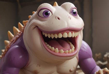 HD, Raytracing, cinematic, sense of scale, 1massive pepe_frog+chonkasaurus, albino, human teeth, skeletal, atmospheric, empty space, colours, blurry background, realistic, purple realistic eyes, bloodshot eyes, <lora:chonkasaurus-000003:1>