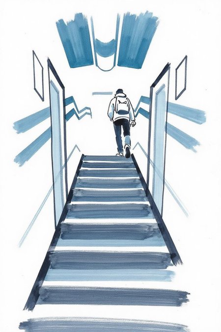 watercolor illustration.
The scene depicts a the back view of a person walking up a set of stairs, viewed from below. person, dressed in a white jacket and pants, carries a backpack. <lora:minink1_cap_d6a3e12:1.0><lora:825123549250455085:0>