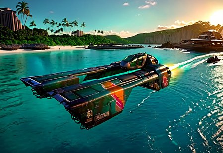 a dark blue (WipEout anti-gravity craft), (split-front:1.3),  flare, that has landed in the waters of a lagoon, floating in the sea, tropical island, blue sky, sunset, sharp, high detailed, realistic, sleek, scifi
