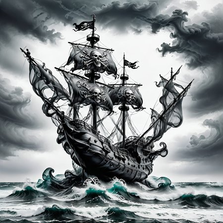 A pirate ship with intricate detailing riding the ocean waves, scattered diffusion, stormy grey sky background, gloom, high contrast, dramatic lighting direction with low intensity ,  <lora:gloom:0.7>