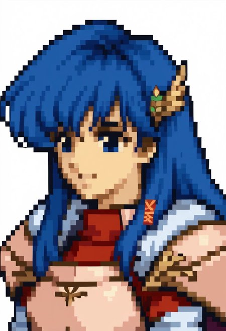 score_9, score_8_up, score_7_up, source_anime, 1girl, solo, smile,
<lora:zs_FE4PortraitsXL:1> fe4portraits, portrait, pixel art, white background
<lora:caeda-fe-richy-v1_pdxl:1> caedaleg, blue eyes, blue hair, long hair, bangs, hair ornament, fur trim, pink shoulder armor, pink breastplate, pink armor, red dress