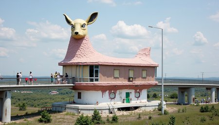 Terrarium rendering of a long  melting novelty architecture  building shaped like a sickly jackalope operating as a bridge in a nuclear confinement zone.