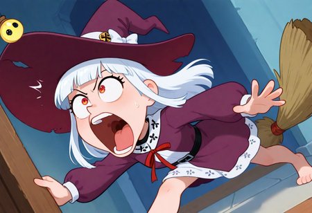 ((dumb_witch, barefoot, uncovered_legs, red_eyes, white_long_hair, hime_cut, witch_clothes, huge_hat, purple_robe, puffy_long_sleeves, white_dress, dress_under_robe, clothes_decorations, red_ribbon, chibi, chibi only, big head, mini person):1.3),
(1girl, solo, ),
((<lora:toon_reaction_eyes_popping_out>, toon reaction, eyes popping out, long eyes, stretched eyes, exaggerated mouth, surprised face):1.3),
(score_9, score_8_up, score_7_up, score_6_up, masterpiece, best quality, newest, amazing quality, highres, enhanced colors,  colored shadows, smooth edges, dynamic angle, wide shot, blending)