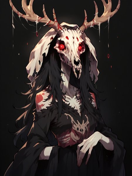 score_9, score_8_up, score_7_up, score_6_up, score_5_up,  <lora:wendigoXLP:1> wendigo, 1girl, animal skull, monster, no humans, solo, red eyes, antlers, black background,