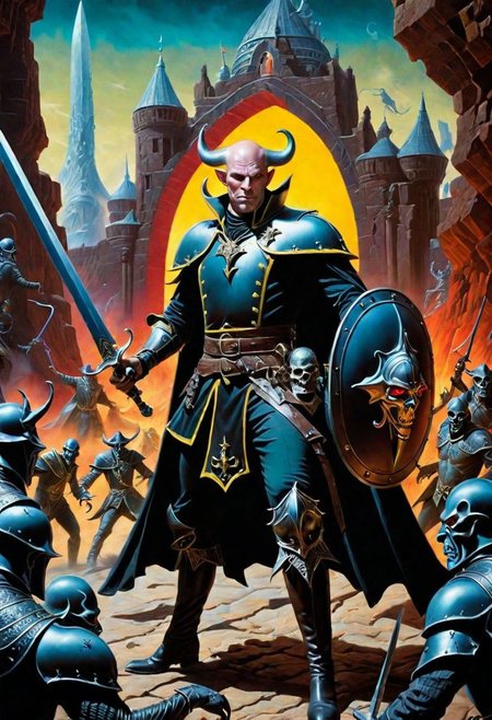 A hyperrealistic 8k photograph was captured by Sid Avery's Hasselblad camera, depicting close-up a handsome+ Tiefling shield bearer with pink+++ skin and slender build during a battle+++, surrounded by Ghouls++, He has a bald head, neon yellow eyes, calm++ and handsome+ and detailed face, cold smile++, mysterious and ominous aura of dark shadows enveloping the figure, Lovecraftian Horror-themed, in the artistic style of Boris Vallejo, Shadows casting an uncanny atmosphere, hints of eldritch dark energy crackling, He is dressed in a musketeer outfit, high details and era-appropriate, He is wielding a magically radiating+ Backsword+ in the right hand, and he is holding a steel shield+++ in the left hand, Backdrop (background) of a focused scene of a battle with Ghouls next to a crystal palace, Mysterious composition, imbued with a dark, ambient 3d warm studio backlight.