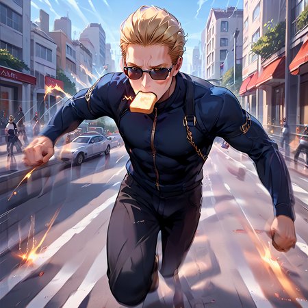 score_9, score_8_up, score_7_up, score_6_up, source_anime,<lora:albertwesker-guy-PONYv1:0.7> albertwesker, toned, athletic, fit, slicked back hair, mature male, sunglasses, long sleeves, blonde, black clothes,  <lora:Running_with_food_in_mouth:1> running with food in mouth, outdoors, street, toast, <lora:sparks-xl-v2:0.8> sparks <lora:Superspeed:0.6> electricity, motion blur, city, street