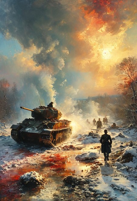 cinematic explosion napoleonic soldiers blowing away ,a ww1 tank stuck in a quagmire, battlefield, vibring color, explosion, ice and snow . Forest.  At sunset, vibring color,  monet,  oil painting, style of Andreas Achenbach