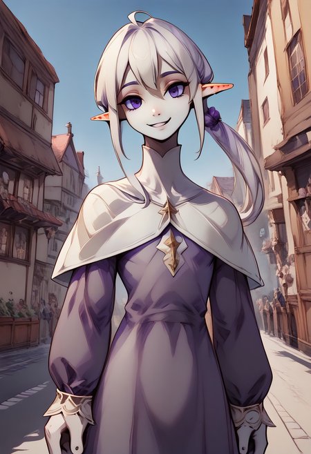 Lapanya, 1 person, solo,
advntr, smooth anime, pointy ears, androgynous body, ((fttimemage)), white hair, long hair, ponytail, pale skin, ((gaunt, sickly, unhealthy, sunken cheeks, cheekbones)), slate gray eyes, dark circles under eyes, purple robe, white capelet,
((Shaft head tilt, small smile)),
((slender fingers, 4 fingers)):1.4,
((Dutch angle, front view, close up)),
((Outdoors, cobnlestone street, medieval city)):1.4, 
Clean lines, detailed background, detailed hands, highly detailed, high quality, ((semi-realistic)), best quality, rating: g
score: 9, score: 8 up