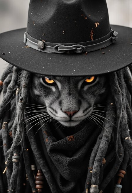 A highly detailed extreme close-up of a rugged, anthropomorphic outlaw cat with thick, wild dreadlocks as the focal point. Its fur is coarse and windswept, each strand meticulously detailed, while its piercing, narrowed feline eyes gleam with the sharp wit and deadly confidence of a seasoned gunslinger. The dreads hang loosely around its face, some adorned with weathered metal rings and glowing ember-like beads, hinting at countless dusty trails and lawless duels.
The cat wears a high-collared, tattered duster coat, the fabric worn and frayed by the desert wind, framing its face in deep shadows. The brim of a tilted, bullet-scarred hat just barely enters the frame, casting an air of mystery over its rugged features. A faint smirk reveals sharp teeth, the expression of a rogue who’s seen it all and fears nothing. The background is blurred, with hints of a sun-scorched Western town, flickering saloon lanterns, and dust swirling in the distance.
Nistyle, monochrome analog photo, extreme close-up, a weathered yet stylish outlaw cat with bold dreadlocks, hyper-detailed fur, glowing ember-like beads, and a presence that commands both respect and fear.