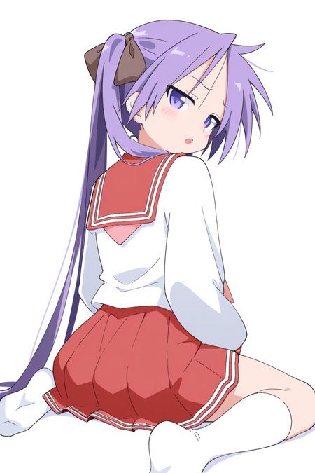 masterpiece, best quality, amazing quality,
 <lora:Cynical_IL:1> cynical, 1girl, ryouou school uniform, solo, school uniform, skirt, long hair, twintails, serafuku, socks, purple hair, white socks, sailor collar, white background, red sailor collar, purple eyes, looking at viewer, red skirt, pleated skirt, sitting, no shoes, looking back, long sleeves, simple background, open mouth, wariza, kagami