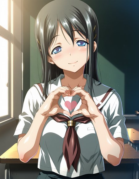 masterpiece, best quality, amazing quality, official art, ultra highres, intricate,
1girl, solo, kamimura_haruka, long hair, black hair, blue eyes 
school uniform BREAK
 lovestruck, head tilt, happy, looking at viewer, 
standing, heart hands, 
in classroom, sharp focus, depth of field, highly detailed, best hands
<lora:kamimura haruka v1.0-000011:1>