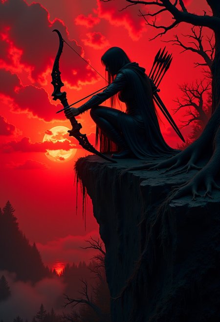 The elven huntress crouches atop a crumbling cliff, her silhouette dark against a blood-red sky. Cloaked in shadows, she wields a massive, cursed bow crafted from the blackened wood of an ancient, twisted tree. The bow’s limbs glow faintly with dark, runic symbols that pulse with ominous power, capable of unleashing arrows that rip through both flesh and soul.
Her quiver, made from the hide of a fallen beast, carries arrows tipped with venomous barbs and infused with necrotic magic, each capable of draining the life force from her prey. Twin daggers hang from her waist, their blades gleaming with a cold, malevolent edge, while a jagged sword rests across her back, its dark jewels humming with unholy energy.
A cloak of woven shadows wraps around her, blending perfectly with the dying forest that surrounds her. Her boots, made from hell-forged steel, make no sound as she moves, and her long, silken hair flows like liquid darkness.