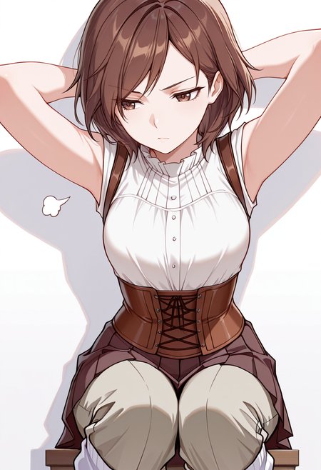 masterpiece,high quality details, absurdres,
 <lora:Hiro_Kurusu_V2:0.8>
hiro_cnr,  1girl, brown hair, short hair, brown eyes,, simple background, white background, front view,solo,, sigh,serious,, joyful expression,leaning against wall,arms folded behind head,, vest,corset top  ,pleated pants,  ,loose socks,