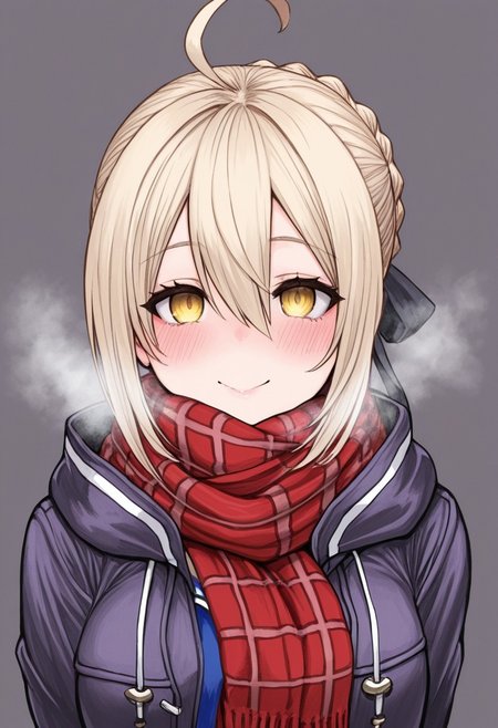 H1r0n3,crosshatching, hatching \(texture\), linear hatching, traditional media,masterpiece, best quality, amazing quality, intricate details,  looking at viewer,  mature female, plump,
1girl, solo, artoria pendragon \(fate\), mysterious heroine x alter \(fate\), hair between eyes, blonde hair, looking at viewer, mysterious heroine x alter \(first ascension\) \(fate\), ahoge, scarf, smile, upper body, braid, plaid scarf, blush, bangs, plaid, closed mouth, red scarf, yellow eyes, grey background, sidelocks, hair ribbon, jacket, sleeves past wrists, breath, open clothes, coat