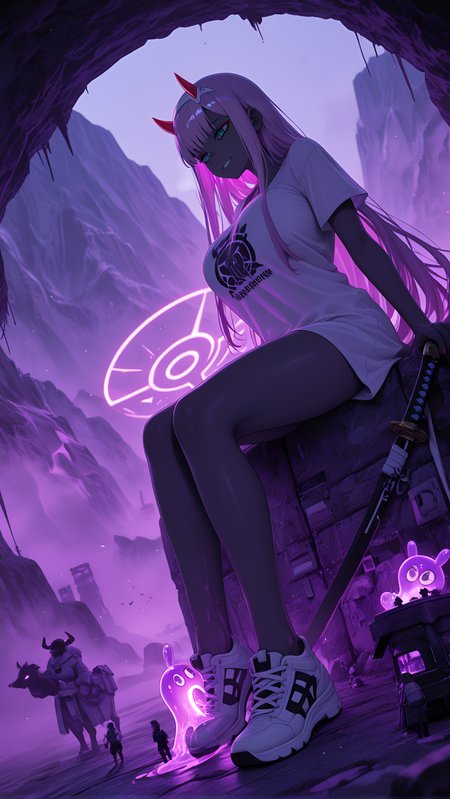 masterpiece, very long hair, Split-color hair, mountain pass trading post, long_nails, Zero Two (Darling in the Franxx), economic connection maintenance, geographical challenge navigation, cultural exchange opportunities, large build, motion_blur:1.1, multi colored hair, drawing a gleaming katana from its sheath, isolated community survivalism, dark skin, T-shirt dress with a graphic print and sneakers, miniature world, group, best quality, 1girl, absurdres, Zoom Blur, RTX, huge breasts, ultra-detailed, depth of field, heels, 8K, weather shelter provisions, Dwarven Anvil, very aesthetic, fox_ears, hands positioned to massage foot, fog, newest, absolutely eye-catching, polarized, Ultra Violet Theme, motion_lines:1.1, danger warning intelligence, traveler supply necessities, glow, anime character, amazing quality, slime_(creature), nail_polish, dutch angle, Morning, ambient occlusion, Gentle foot massage pose - Sitting with one foot resting on opposite thigh, no bra., elevation adaptation designs