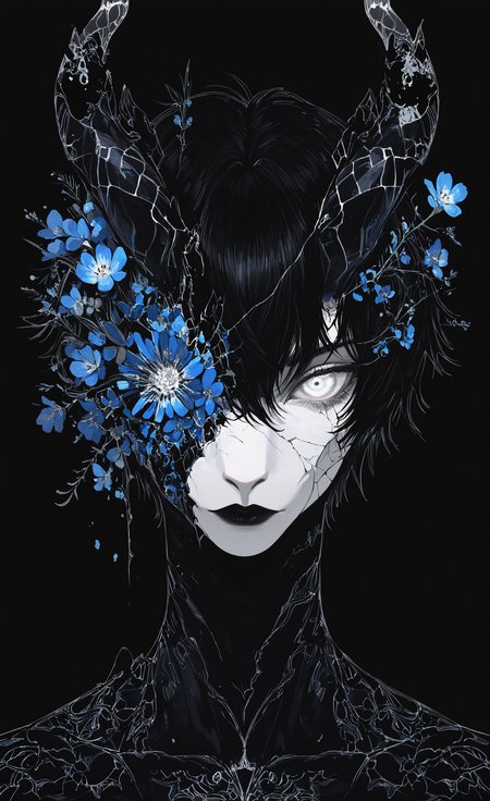 masterpiece, best quality, good quality, very awa, newest, highres, absurdres, solo, looking at viewer, simple background, black hair, 1boy, male focus, flower, horns, colored skin, black background, portrait, furry, blue flower, straight-on, white eyes, crack, black lips, cracked skin, breaking, limited palette, <lora:illustriousXL_stabilizer_v1.23:0.3> <lora:NOOB_vp1_detailer_by_volnovik_v1:0.3> <lora:ponyv6_noobE11_2_adamW-000017:0.3> <lora:114558v4df2fsdf5:0.6> <lora:XXX667:0.4> <lora:mon_monmon2133:0.5>