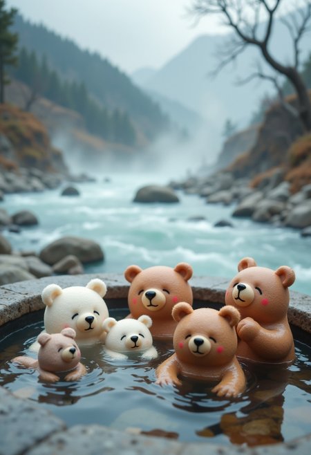 Lots of little cute bear dolls, brown bear, white bear, soaking in a big river, river deep in the mountains, hot spring, winter, snow falling, open air bath, neck-deep in hot water, eyes closed, smiling, smiling, mouth open, relaxed, childlike atmosphere, clay model Image, mountain top, steam, red cheeks, large amount of steam from river, wide angle, bird's eye view,
aidmafluxpro1.1