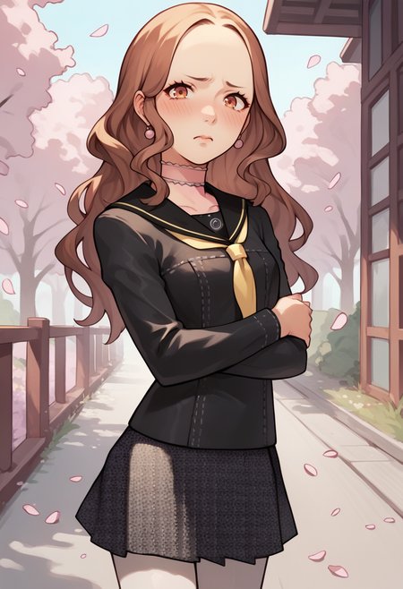 score_9, score_8_up, score_7_up, source_anime, 1girl, thigh up, looking at viewer, arm hug, embarrassed, blush, <lora:zs_AiXL:1> aip4, brown hair, long hair, messy hair, earrings, choker, black serafuku, grey skirt, pantyhose, outdoors, cherry blossoms