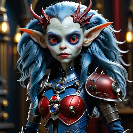 masterpiece, intricate photo of chritmas female mechanical alien android gremlin in knight armor, long blue hair, vampire clothing, nosferatu dress, cyberpunk style, steampunk style, gothic art, red blue dress, hyper realistic, highly detailed, sharp focus, best quality, 8K
