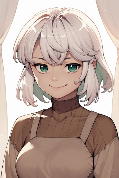 score_9, score_8_up, score_7_up, 1girl, smug, white hair, sidelocks, light green eyes, medium breasts, brown clothes, backlighting <lora:Yoshikazu_Hamada_PonyXL_style_v01:1>
