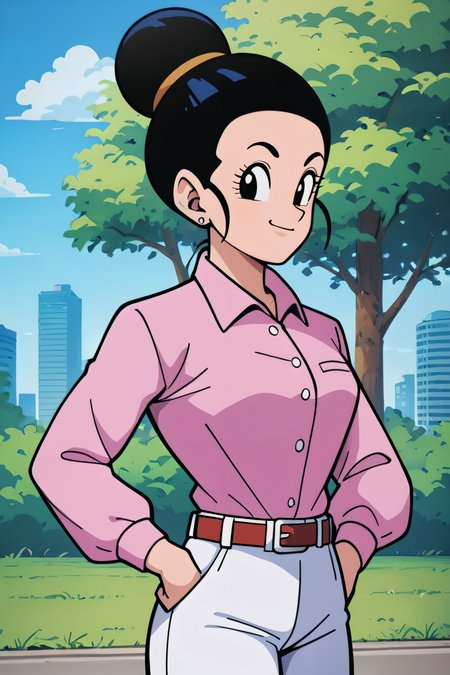 zPDXL3, <lora:CitronAnimeTreasure:.8>, <lora:chichi_pony_v3e20:.6>
chi-chi, end of buu, black hair, eyelashes, hair bun, black eyes, single hair bun, earrings, collared shirt, long sleeves, pink shirt, belt, white pants, looking at viewer, smiling, standing, outside, park, trees, blue sky, city,