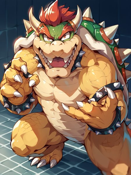 score_9, score_8_up, score_7_up, score_6_up, score_5_up,   <lora:bowserXLP:1> bowser, spikes, 1boy, horns, solo, red hair, spiked shell, muscular, claws, fangs