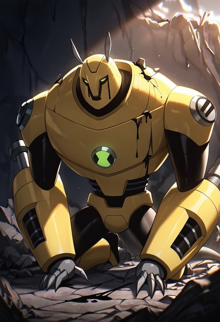masterpiece, best quality, amazing quality, very aesthetic, absurdres, newest,, detailed background, 
armadrillo, robot, claws, yellow armor, grey tail, antennae, green eyes,  massive arms, yellow helmet, mecha
sad, beneath rubble, body hidden under rocks, underneath rubble, leaking black oil, broken armor, cracks, ears down, sad animal ears, expressive ears, ears down, cracks, black oil, dripping,