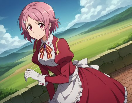 score_9, score_8_up, score_7_up, source_anime,
rikashinozaki, <lora:rika-shinozaki-s1-ponyxl-lora-nochekaiser:1>,
rika shinozaki, short hair, hair ornament, pink hair, hairclip, pink eyes, freckles, parted bangs,
long sleeves, ribbon, neck ribbon, puffy sleeves, juliet sleeves, collar, gemstone, gloves, dress, red dress, frills, apron,
outdoors, landscape, smile, bent over,
looking at viewer, cowboy shot, solo, dutch angle,