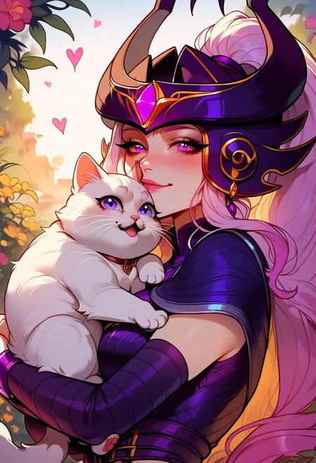 score_9, score_8_up, score_7_up, score_6_up,  <lora:p3tl0v3XLP:1> p3tl0v3, 1girl, Syndra, hugging a white cat, little kitten, purple eyes