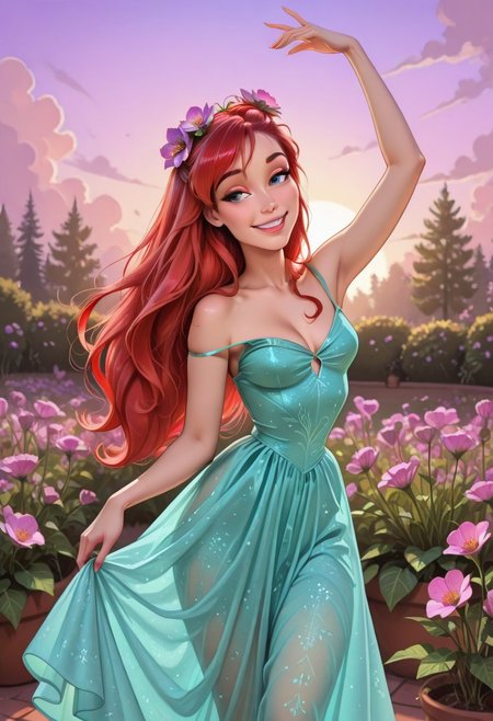 DisneyAriel, 1girl, red hair, blue eyes, long hair, solo, POH-Illu, flowers, hair flowers, hair ornament,
fae, fairy, playful, sexy, teasing, dancing, in a garden, sunshine, puffy clouds, hazy sunshine,
slender,
intricate sundress, festival dress,
slender hips, tiny waist, 
strap slip, cleavage, small breasts,
masterpiece, best quality, newest, absurdres, highres, very awa
