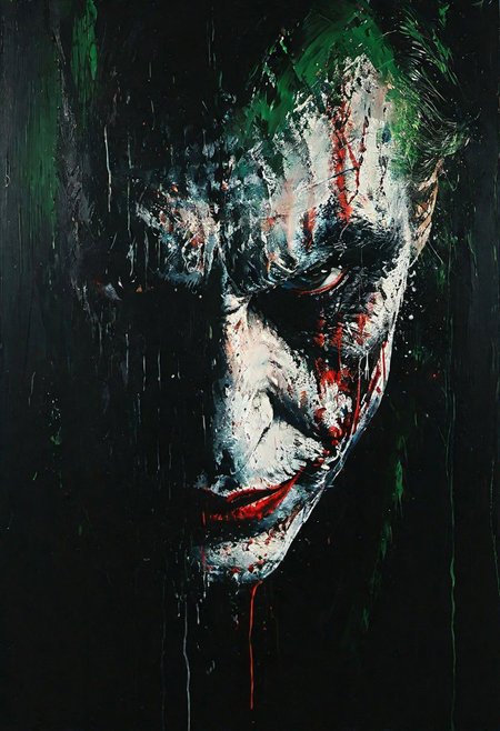 impactful paint of portrait of The Joker   <lora:Disturbia:0.7>,    highly detailed,   8k,   sharp,  professional, clear,   high contrast, high saturated, , vivid deep blacks, crystal clear
