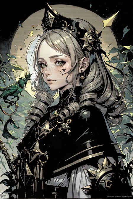 best quality, masterpiece, 1 girl, adult (elven:0.7) woman, freckles, amber eyes, dark blonde drill hair, focus on character, solo, (style-swampmagic:0.8), solo, 30%from front, front view, (full body:0.8), detailed face, tropical jungle theme, sun cleric, (scornful contempt,:1.05), gazing into the distance, 3%tattered uniform, headdress, obsidian charm of the seas 20%carrying glowing shield of the elements, imbued with otherworldly shimmers, 5%carved with mystical symbols, hovering drones orbiting around, 20%necromantic body markings, light brown color scheme, 7%(simple dark green background:1.1),