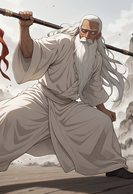 masterpiece, best quality, newest, absurdres, highres, anime, anime style, DPDV1.0, dynamic pose, polearm, holding polearm, holding weapon, weapon, 
1boy, dark skin, dark skinned male, white hair, long beard, long hair, monk, white robe, white eyes, blind eyes, wrinkles, wrinkled face, wrinkled, wrikly, old, mature, old man
spear, holding spear,