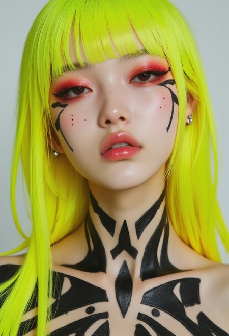 This is a high-resolution, monochromatic photograph of a young asian woman with an otherworldly appearance. She has light skin with a scattering of freckles across her face and neck, giving her a youthful, fresh look. Her white eyes lacking pupils and irises, which adds to the mysterious and unsettling atmosphere of the image. long neon yellow hair with blunt bangs, heavy red eye makeup, with a few strands falling loosely around her face. 
She wears tribal-inspired, geometric black body paint on her face, neck, and shoulders, featuring intricate patterns and shapes that resemble futuristic or ancient tribal designs. The black markings are bold and sharp, contrasting starkly against her pale skin. Her lips are full and slightly parted, giving a contemplative expression. She has a silver ring piercing in each ear, adding a modern, edgy touch to her appearance.
The background is a plain, light gray, which helps emphasize the subject without any distractions. The overall aesthetic combines elements of tribal art, body paint, and a futuristic cyberpunk style, blending seamlessly into a haunting, avant-garde portrait. The lighting is soft and even, casting subtle shadows that enhance the contours of her face and the intricate patterns on her skin.