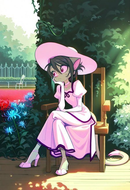 score_9, score_8_up, score_7_up,lilith_calah,
1girl,solo,furry,tail,dark green hair, source_furry,
 ,<lora:lilith_calah_illustrious:0.8>,
child,
masterpiece,best quality, folded ponytail, hair between eyes, bridal dress, white dress, white choker, juliet sleeves, puffy sleeves, white elbow gloves, white strappy heels, white sun hat,
sitting on a wooden chair, crossed legs, garden, vines, blue flowers, red spider lily, looking away, arm on lap, head rest, resting head on hand, deep shadows, soft shading, dappled sunlight, 
wide shot, full body
