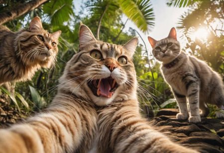 dogs and a big dat fluffy cat, smiling taking a selfie with a super wide angle lenses. happy vibes. jungle backdrop. warm lighting. Masterpiece, 8k uhd, iconic, cinematic
