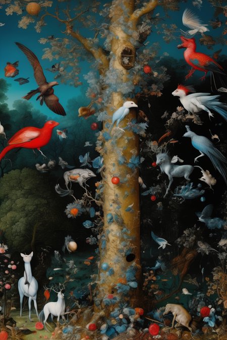 <lora:Jan Brueghel Style:1>Jan Brueghel Style - And into my garden stole When the night had veiled the pole; In the morning glad I see My foe outstretched beneath the tree and inexistent animals, insanely detailed, baroque, art by Francis Bacon and Damien Hirst, no frame, 4K, HD, high contrast, photorealistic, cold light, cold colours, high contrast