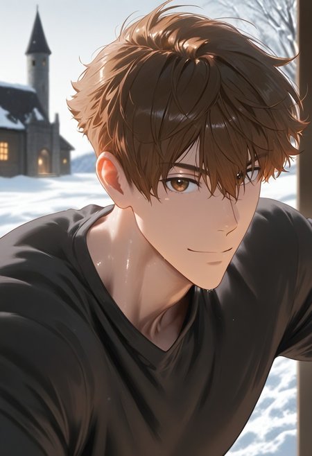 //General, masterpiece,best quality,amazing quality, source_anime, intricately detailed illustration, very aesthetic, absurdres, newest, anime coloring, subsurface scattering, , natural lighting, Expressiveh, detailed skin, shiny skin,aesthetics light, depth of field, vibrant colors,
//Fashion, black shirt, long sleeves, 
//Background, castle interior, indoors, snow background outside the window, 
//Others, 1boy, male focus, solo male, manly body, 
//Action, looking at viewer,  light smile, close up, upper body,
BREAK,
brown hair, brown eyes