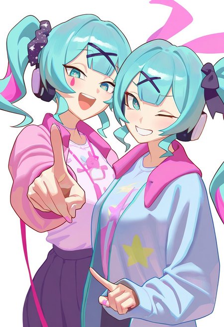 masterpiece, best quality, very aesthetic, high resolution, ultra-detailed, absurdres, newest, extremely detailed eyes, beautiful, perfect lighting, hi res, amazing quality, very awa, Brightly Lit, Highly Visible, 8k, sharp focus, beautiful, perfect lighting, volumetric lighting, scenery, painting_(artwork), PSTL_ST, long hair, looking at viewer, smile, open mouth, bangs, multiple girls, simple background, aqua hair, shirt, hair ornament, long sleeves, white background, 2girls, aqua eyes, jacket, upper body, one eye closed, star \(symbol\), grin, side ponytail, coat, v, siblings, headphones, scrunchie, blue shirt, pointing, sisters, hair scrunchie, twins, star print, print shirt, large breast, hatsune miku, hatsune miku (rabbit hole), twintails