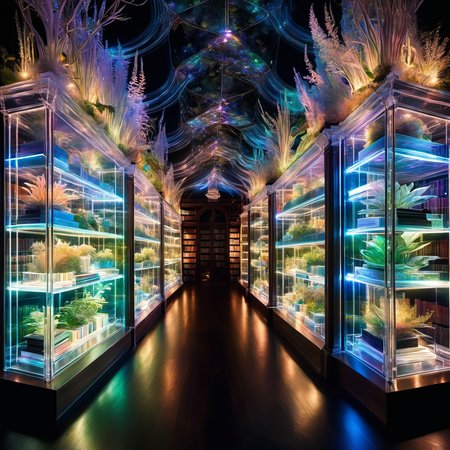 DonMSp3ctr4lXL, A translucent grand library with spectral books and biomimetic plants growing from the shelves, illuminated by a soft, eerie glow in the enchanted darkness <lora:DonMSp3ctr4lXL:1> <lora:EnvyBetterHiresFixXL01:0:hr=1>