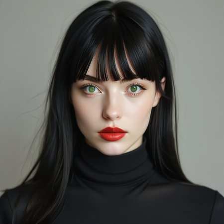 portrait, light makeup, neoteny, 18 years old, soft jaw, puffy mouth, large eyes, perfect yes, tertleneck black shirt, skinny , narrow face, european, face close up, 1girl, solo, black hair, fringe, long hair, glossy red lipstick, lips, looking at viewer, realistic, grey background, surprised expression, simple background, face, green  eyes, upper body, eyelashes, close-up, nose, eyebrows, indoors, bright lighting, artistic shot