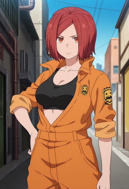 anime screencap, masterpiece, best quality,
<lora:EnenNoShouboutai_IsaribaLisa_IlluXL:0.9>,
1girl, solo, closed mouth, serious, frown,
parted bangs, short hair, red hair, orange eyes,
orange jumpsuit, open jacket, black sports bra, cleavage, medium breasts, emblem, sleeves rolled up,
hand on own hip, standing, looking at viewer, cowboy shot,
blurry background, outdoors, city, blue sky, industrial pipe, street, church