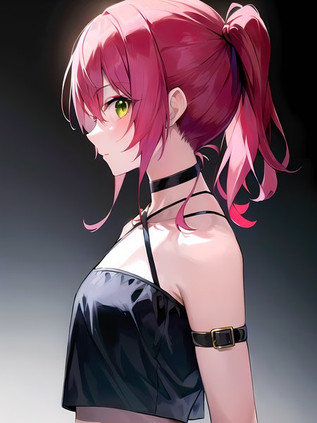 (masterpiece:1.3), (absurdres:1.3), (best quality:1.3), (ultra-detailed:1.3),(best shadow:0.7), (handled hair), (sharp eyeliner, eyeshadow, detailed eyes:1.1), perfect anatomy, BREAK, 1girl, solo, RED HAIR, hair between eyes, GREEN EYES, glowing eyes, medium hair, side ponytail, sidelocks, criss-cross halter, black shirt, midriff, arm strap, multiple straps, black choker, black_bracer, leather_shorts, upper body, facing viewer, looking at viewer, portrait, profile, 
BREAK (darkness:1.2), dark background