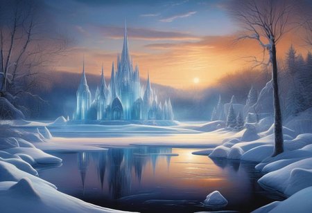 A whimsical winter wonderland, 
with ice sculptures and twinkling lights adorning the frozen lake. evening, 
intricate design, 
cinematic lighting, 
LP cover, 
Giger Marc Simonetti print, 
Mysterious