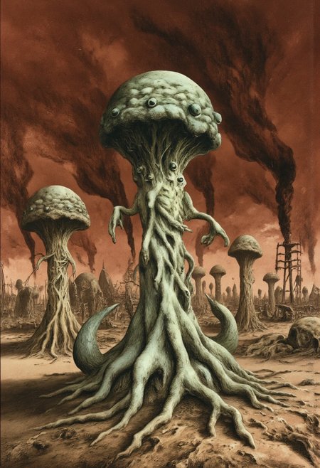 MikeFranchinastyle, Surreal art, d4artstyle, d4concept, , made of clay, aidmaMJ6.1, ZBClay model of a gray sculpture, zavy-thrlngl, ethereal wings, berserk style
alien, plant-like creature towering over a desolate, smoky landscape. Its form is a blend of a towering jellyfish and a giant mushroom, with a thick, bulbous cap and long, trailing tentacle-like appendages that drape toward the ground. Each appendage has a sinewy, organic texture, curving and writhing as if alive, anchoring into the cracked earth. The creature's body has a pale green, slimy appearance, glistening slightly as though damp, with bulbous eyes protruding subtly beneath the cap, observing the barren wasteland. The background is painted in warm, ominous tones of red and orange, with dark, billowing smoke rising from the ground, hinting at destruction or decay. In the far distance, faint silhouettes of industrial ruins or scorched city structures add to the apocalyptic atmosphere. Emphasize the eerie calm of these towering beings as they loom over the dead landscape, their presence both alien and ancient.
Background solid color with a faded dimly lit, fog-covered darkness tone that emphasizes its silhouette. The medium is not a traditional painting or illustrative medium like watercolor or ink but rather a digital rendering, eerie and unsettling.