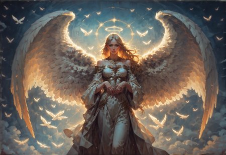 score_9, score_8_up, score_7_up,  woman, intricate, gold trim, fringe, wings, otherworldly, angelic outfit, Crystaline Peaks, angel, vibrant, high contrast, (atmospheric perspective:1.3), blonde hair, radiance, ephemeral, white and gold  <lora:sdxl\vixon_pony_oil:0.7> <lora:sdxl\Anime Summer Days Style SDXL_LoRA_Pony Diffusion V6 XL:0.5>