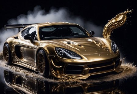 GOLD LIQUID METAL sports car, race car, racing through SILVER LIQUID METAL, liquid metal sprays up from the cars tyres, Car drifting in a black void