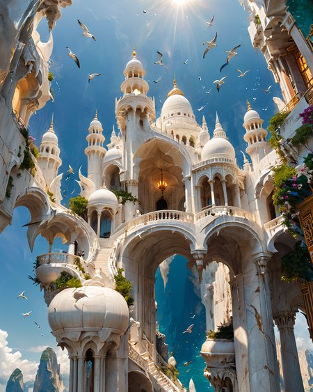 floating fantasy city, shapely white marble towers, reminiscent of the Taj Mahal, ocean, seabirds, mountains, viewed from below, <lora:add-detail-xl:0.8>, <lora:xl_more_art-full_v1:0.5>,  <lora:XSfenlie:1> fenliexl