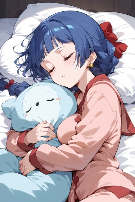 score_9, score_8_up, score_7_up, score_6_up,
  <lora:Mamiina:1> mamiina, 1girl, earrings, braid, bow, breasts, blue hair, sleep, pajamas, hug pillow